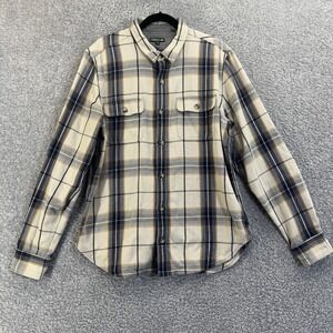 Toad&Co Shirt Mens Large Beige Blue Plaid Flannel Long‎ Sleeve Button Up Casual